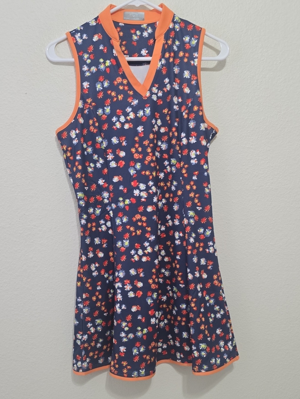 Callaway Navy Floral Sleeveless Dress with Orange Trim S